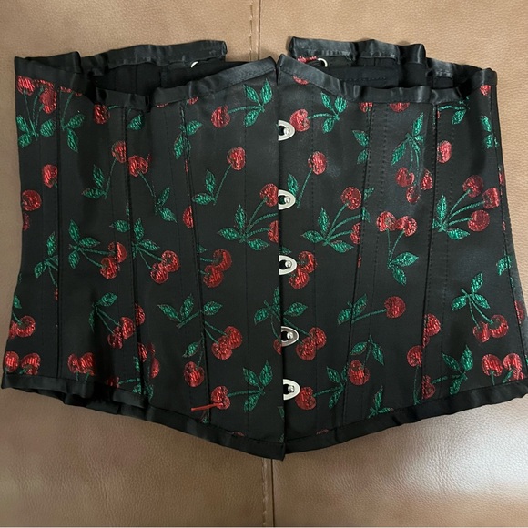 Cherry brocade underbust corset sexy black & red lace up back EUC - Picture 5 of 12